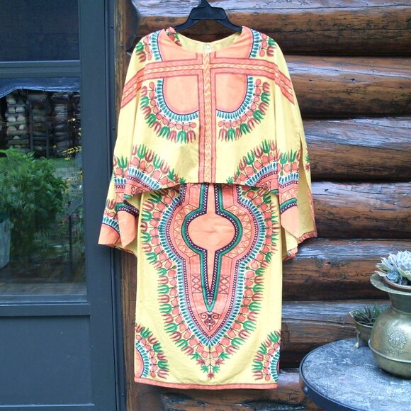 Halloween Tribal 2 Piece Set Sleeveless Maxi Dress & Crop Top Hi Lo Cape S - Picture 4 of 7